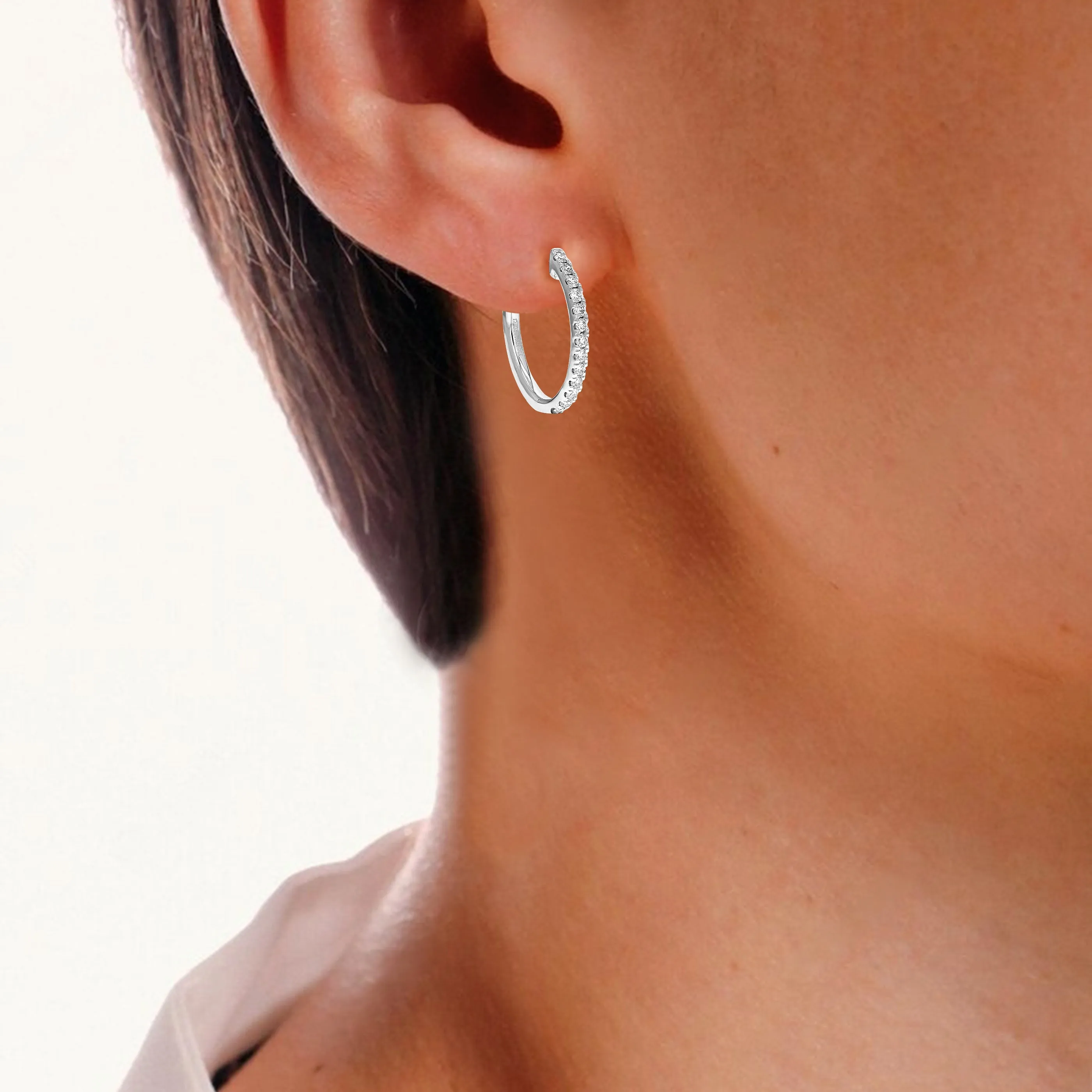 1/2 cttw Lab Created Diamond Hoop Earrings 925 Sterling Silver Prong 3/4 Inch