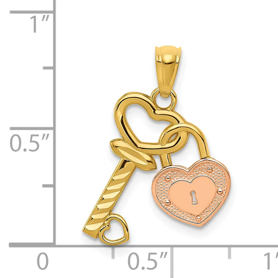 14k Two-Tone Gold Heart Lock and Key Pendant