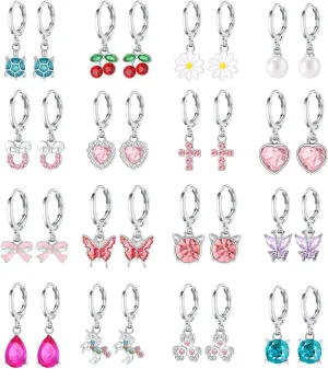 16 Pairs Hypoallergenic Silver Dangle Hoop Earrings for Girls Teens Kids Cute Girls Earrings Animal Small Hoop Earrings Set Pink Jewelry Gift