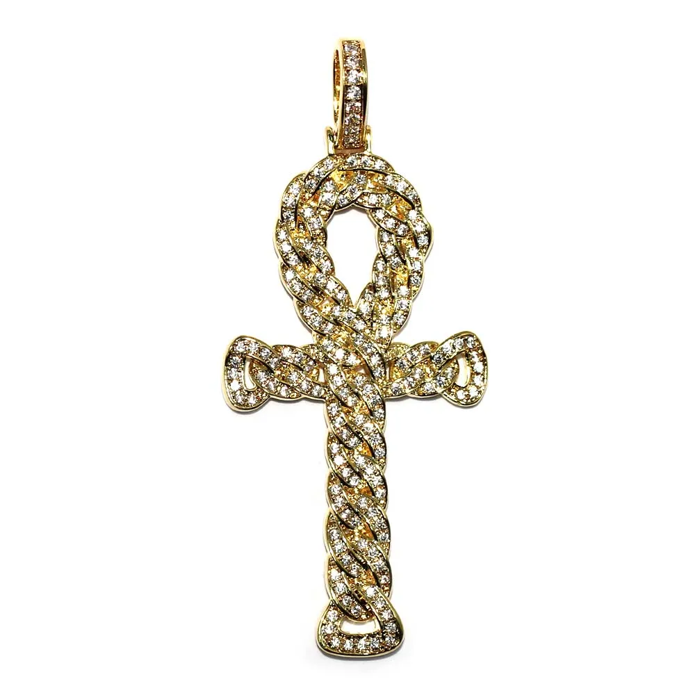 18k Gold Plated Cuban Link Egyptian Ankh Pendant with 2.4mm Flat Franco Chain