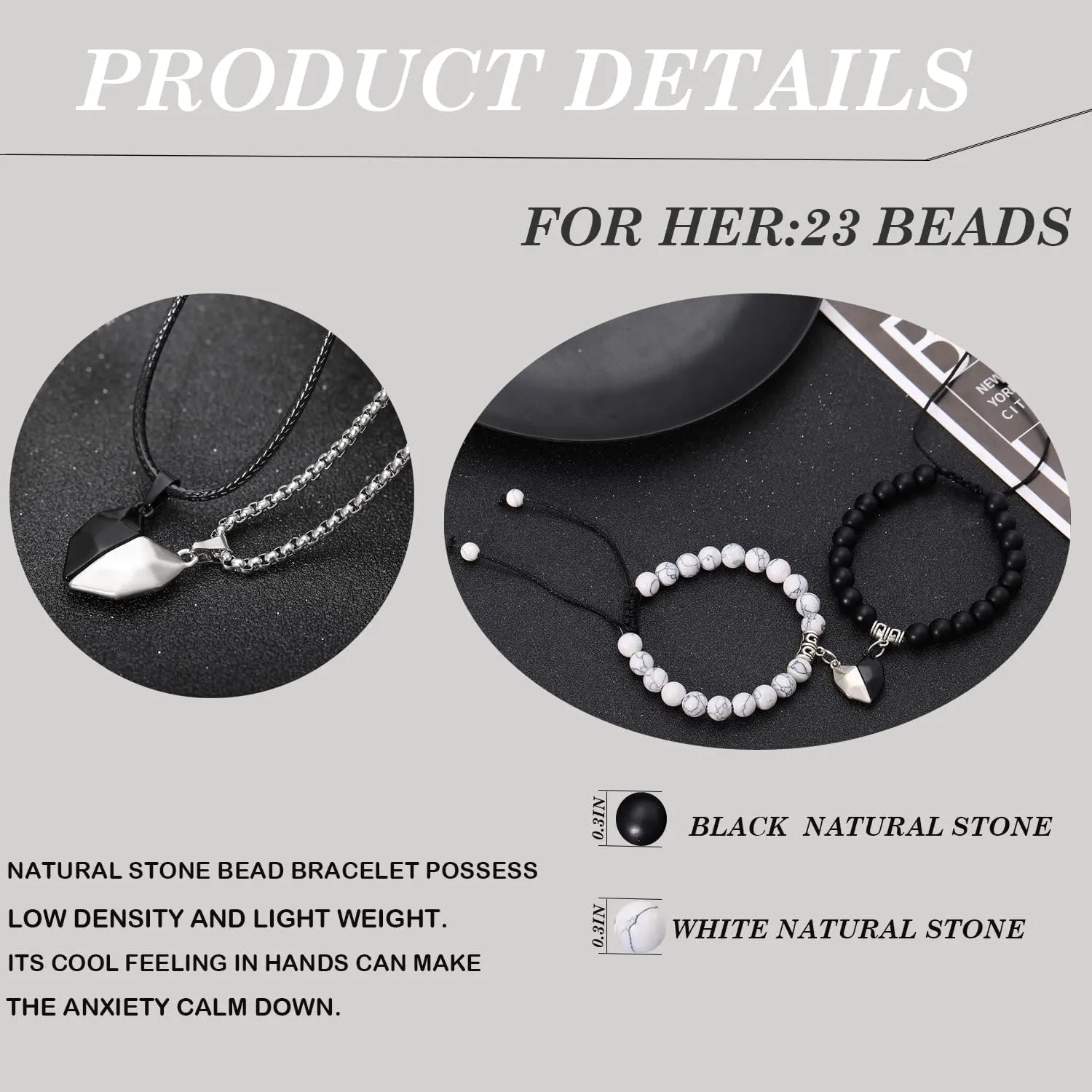 4Pcs Couples Bracelets Necklace Set for Women Men Matching Bracelets Necklace Couples Heart Necklace Bead Bracelet for Valentine's Day Natural Stone Bead Couple Jewelry