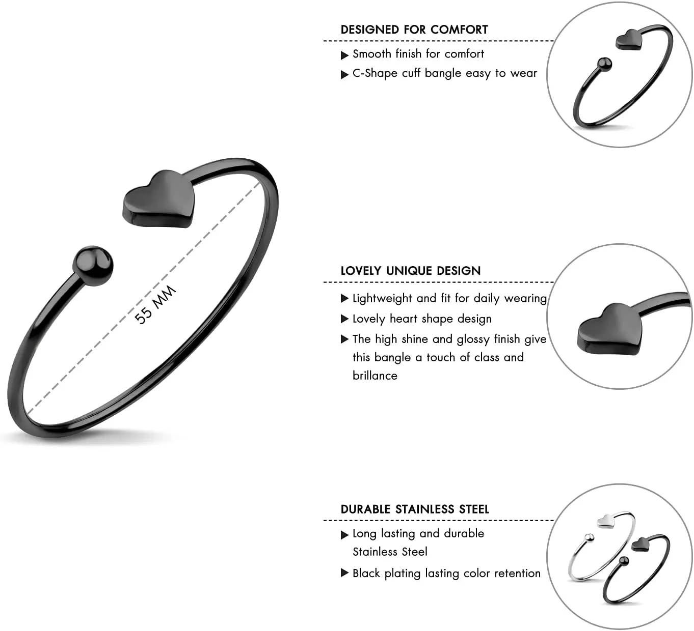 555Jewelry Stainless Steel Womens Cute Love Tiny Heart Open Cuff Bangle Bracelet Hypoallergenic