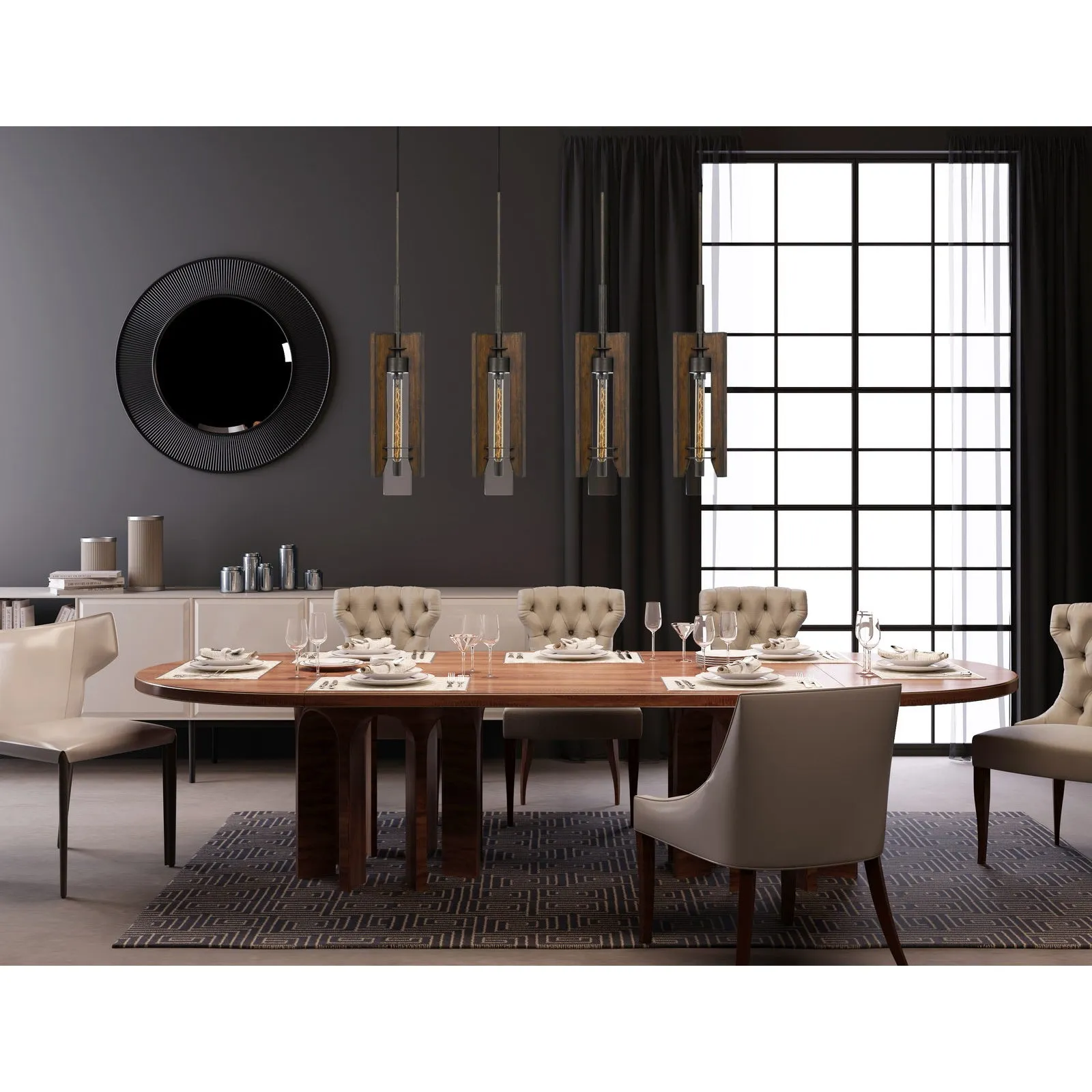 60W Almeria Wood & Glass 4-Light Pendant Fixture - Stylish Rustic Design for Home & Kitchen Spaces