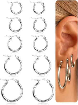 BESTEEL 5-10 Pairs Silver Gold Hoop Earrings Set for Women Men Hypoallergenic Surgiacl Stainless Steel Small Huggie Earring Stacks Pack Jewelry for Multiple Piercing Waterproof