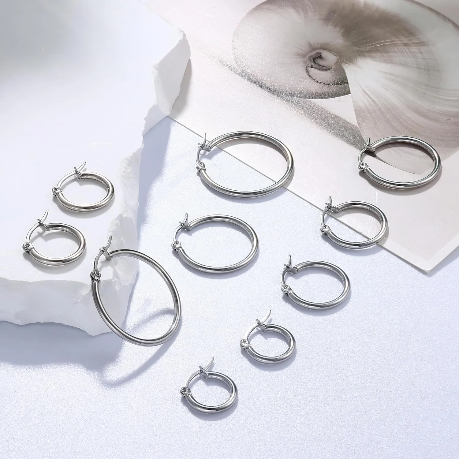 BESTEEL 5-10 Pairs Silver Gold Hoop Earrings Set for Women Men Hypoallergenic Surgiacl Stainless Steel Small Huggie Earring Stacks Pack Jewelry for Multiple Piercing Waterproof