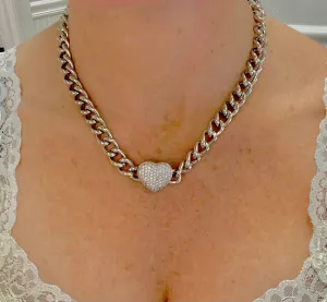 Chunky Link Pave Heart Necklace
