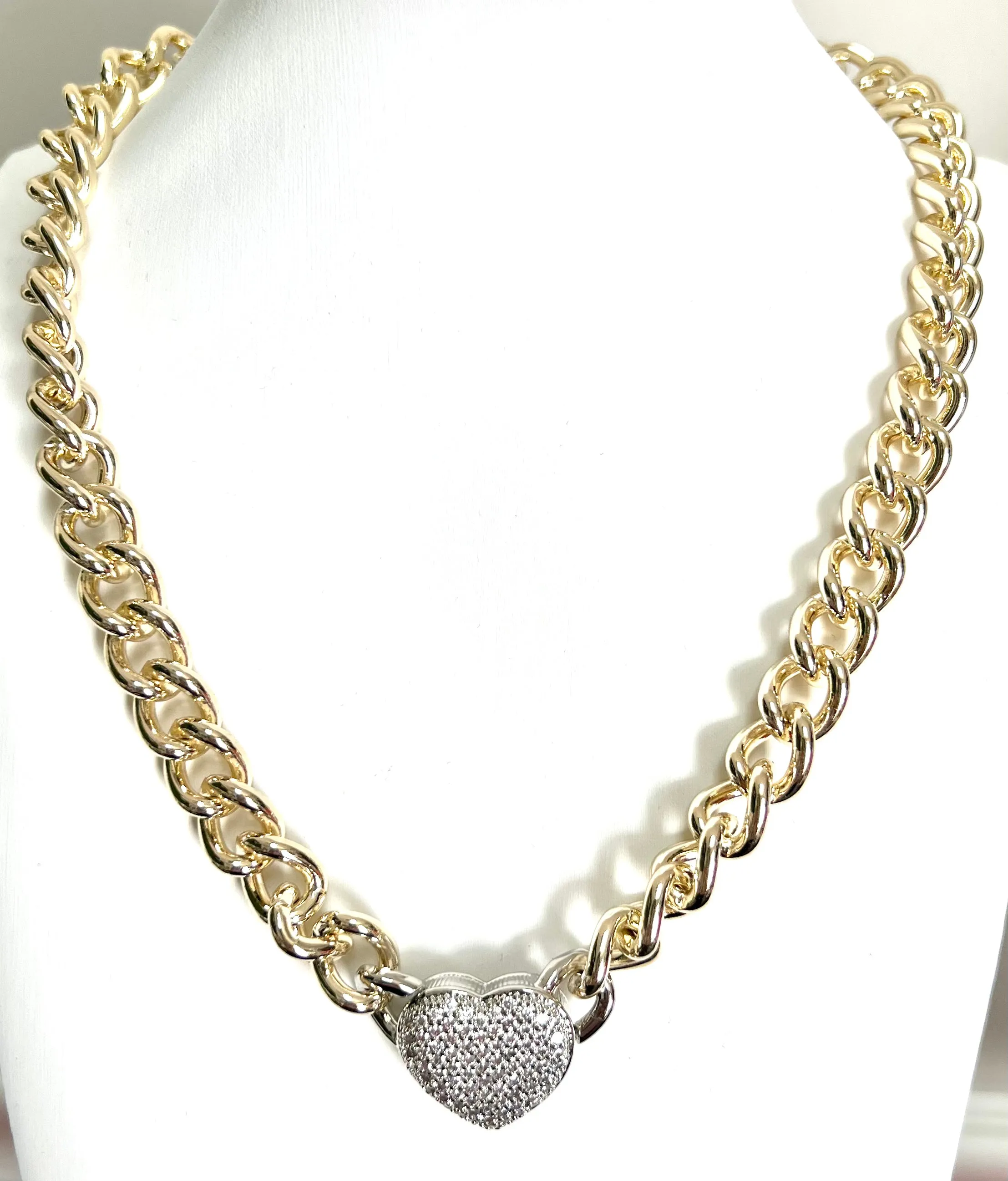 Chunky Link Pave Heart Necklace