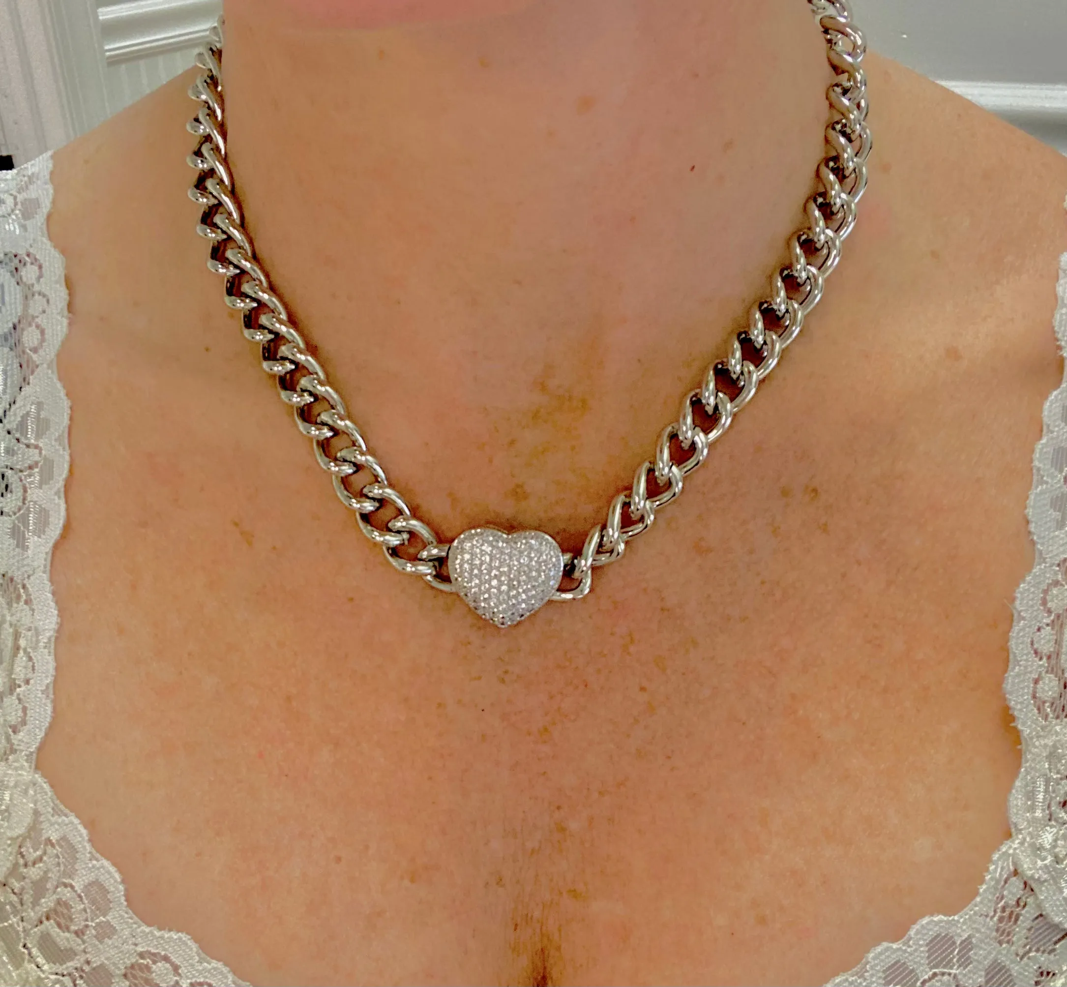Chunky Link Pave Heart Necklace
