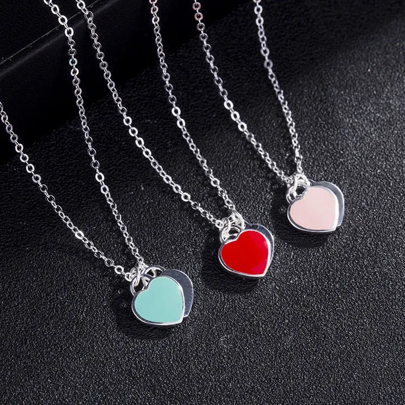 Double Heart Pendant Necklace Pure S925 Sterling Silver Jewelry Charm Brand Design Necklaces For Women Logo Fashion Jewelry
