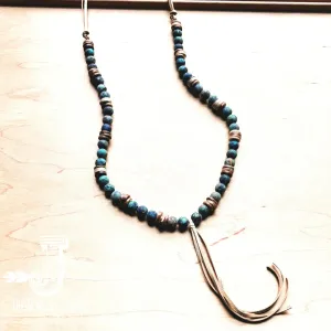 Frosted African Turquoise Necklace w/ Wood Beads & Leather Tassel