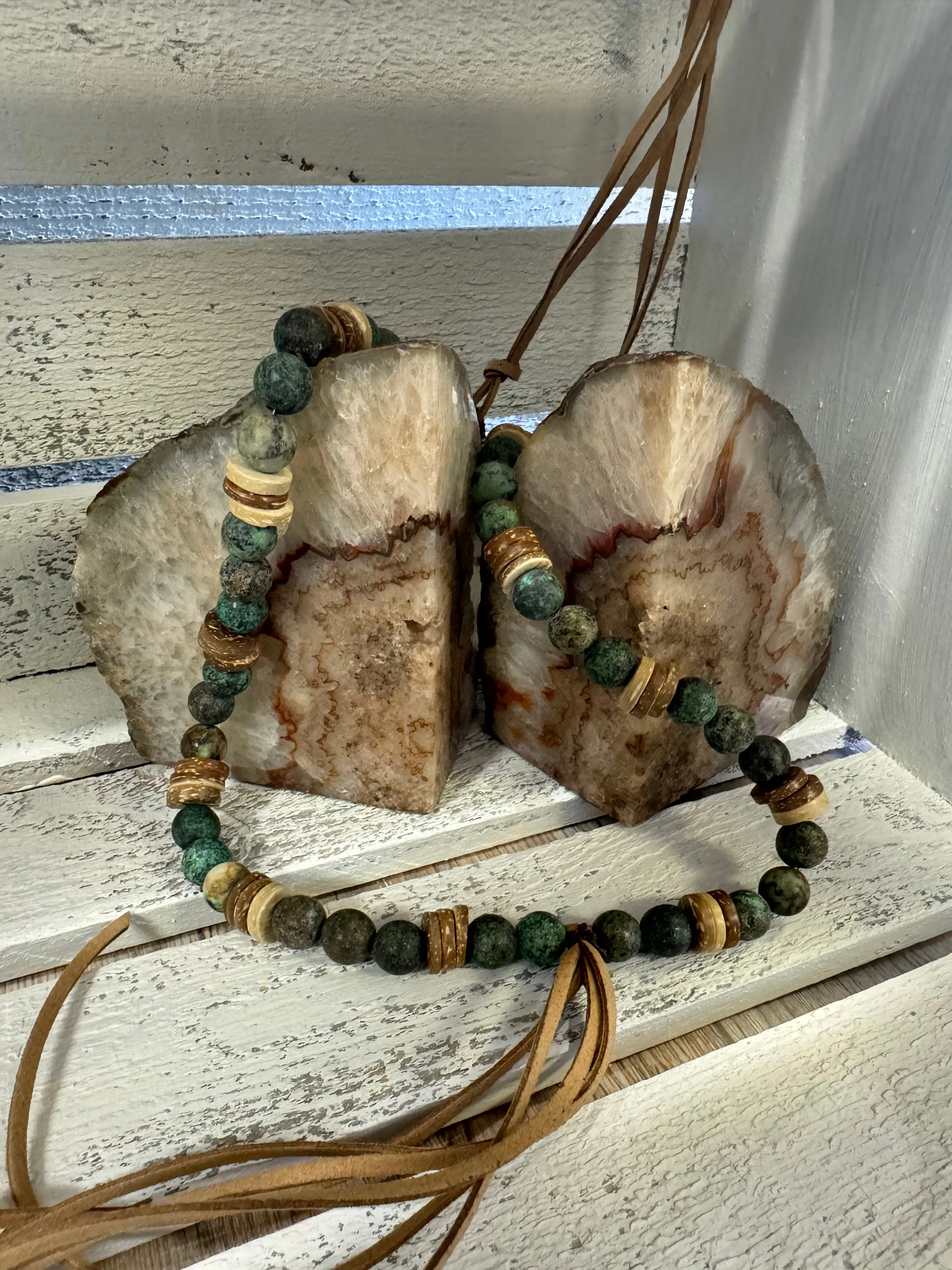 Frosted African Turquoise Necklace w/ Wood Beads & Leather Tassel