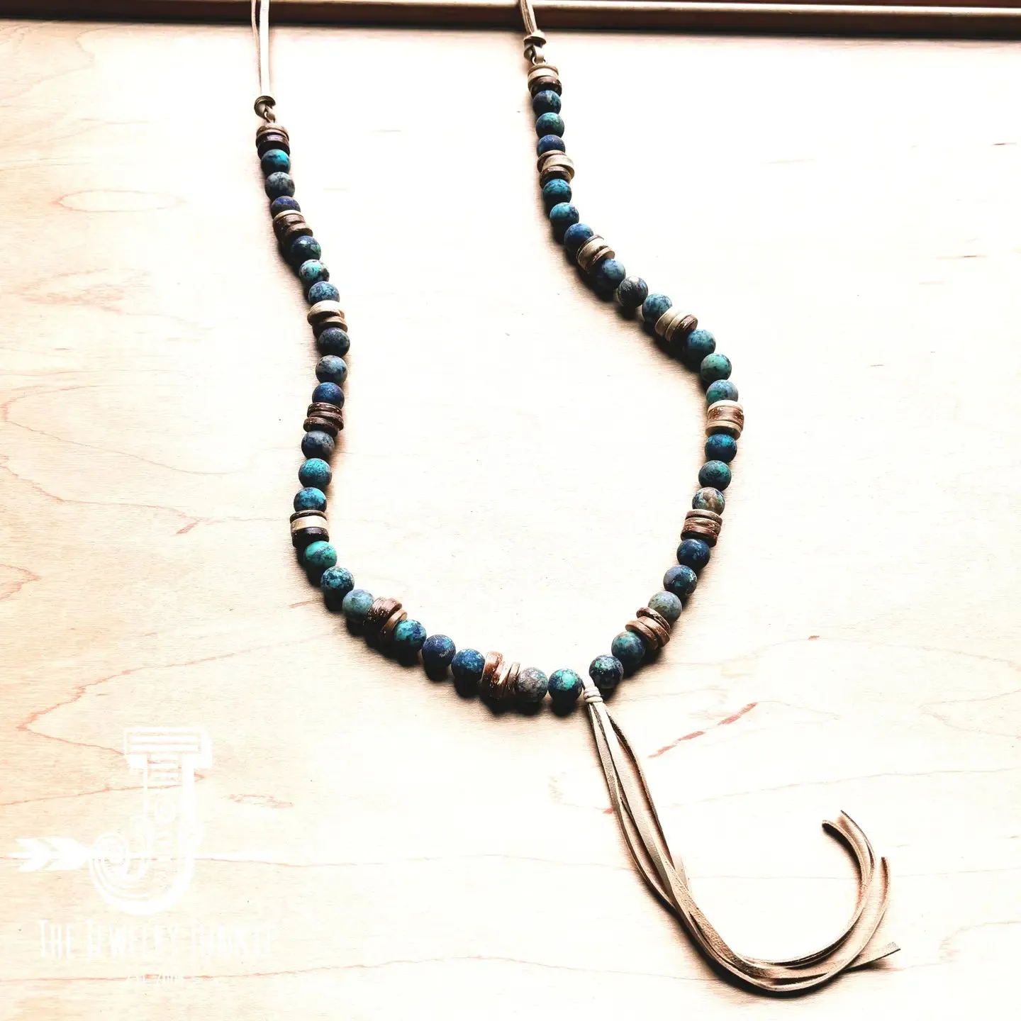 Frosted African Turquoise Necklace w/ Wood Beads & Leather Tassel