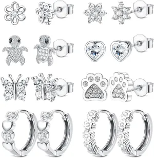 HAIAISO 8 Pairs 925 Sterling Silver Stud Earrings Set Hypoallergenic Pink Heart Cz Earrings Cute Butterfly Flower Dog Paw Turtle Stud Earrings Hoops Earrings For Women Over 3 Years Old