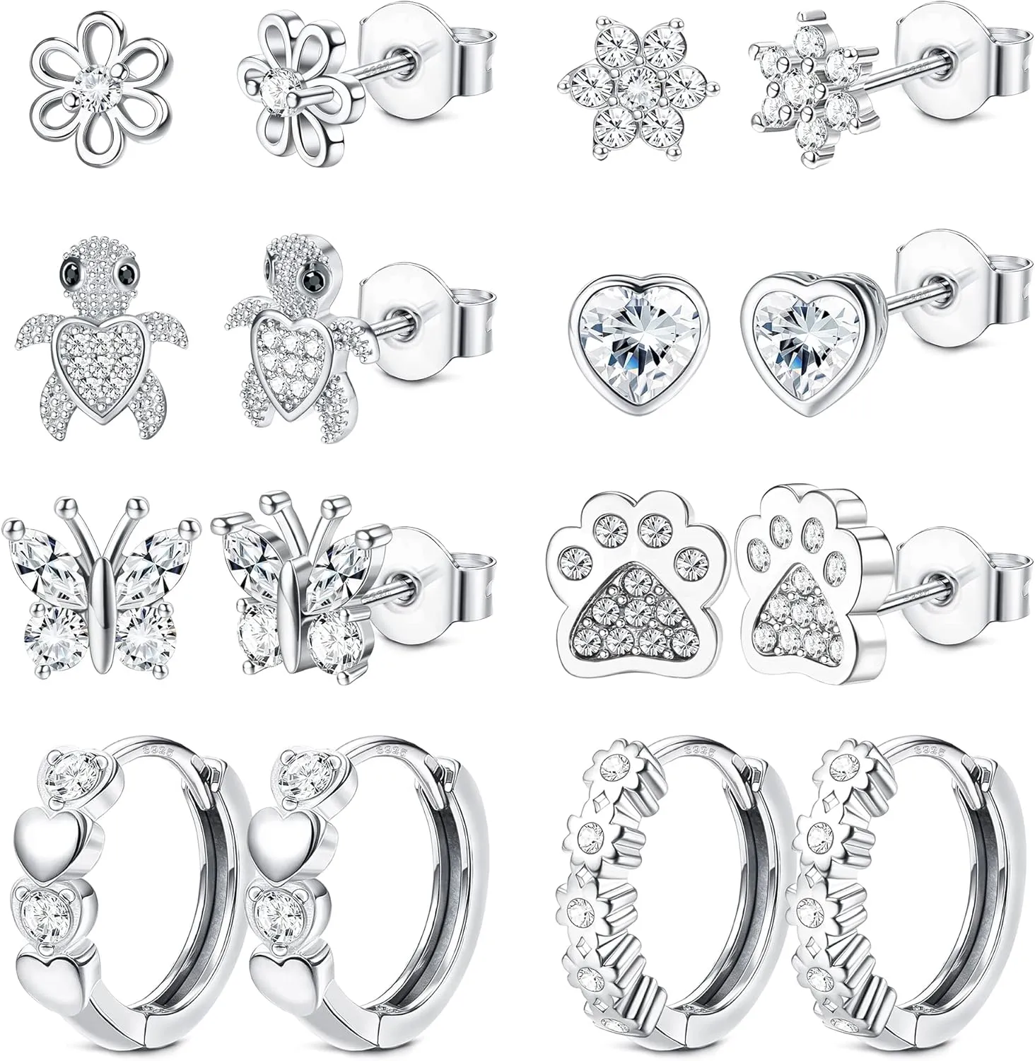 HAIAISO 8 Pairs 925 Sterling Silver Stud Earrings Set Hypoallergenic Pink Heart Cz Earrings Cute Butterfly Flower Dog Paw Turtle Stud Earrings Hoops Earrings For Women Over 3 Years Old