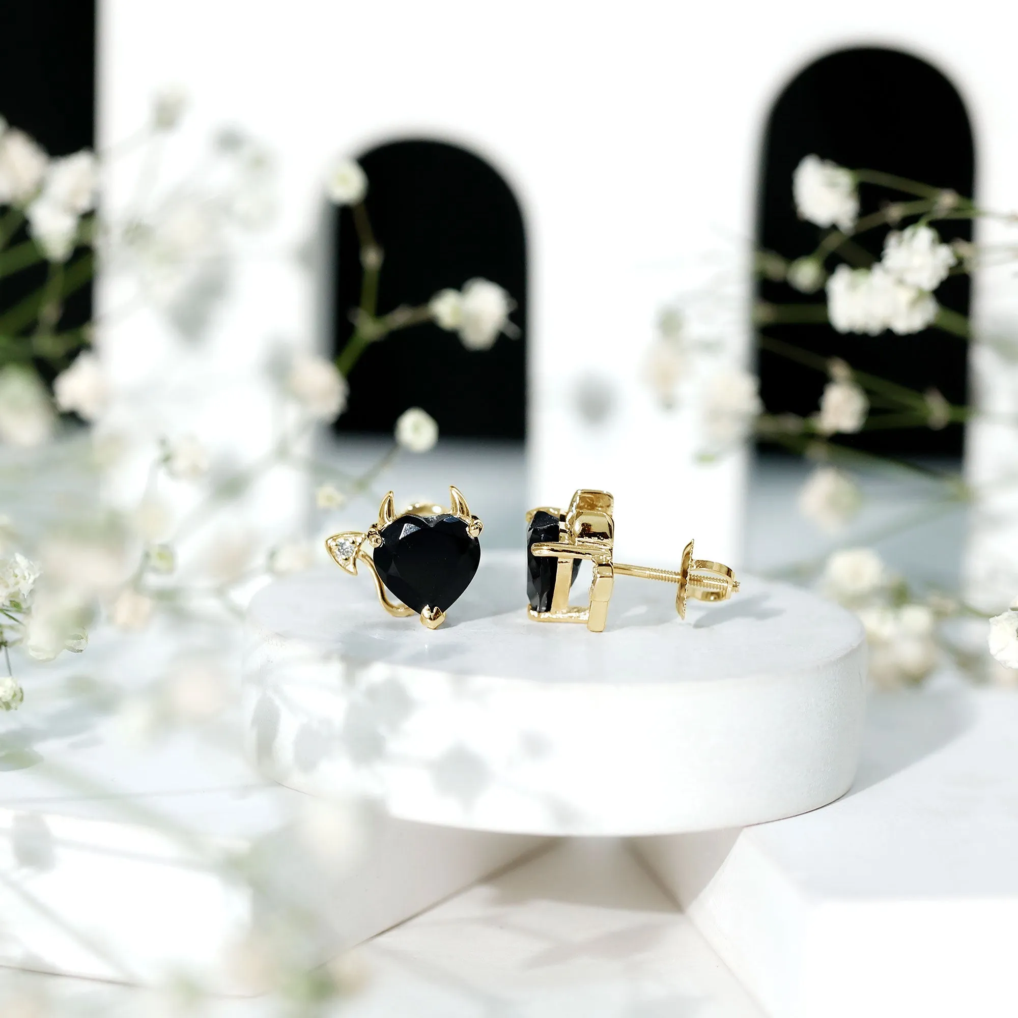 Heart Shape Lab Grown Black Diamond Gothic Stud Earrings with Diamond