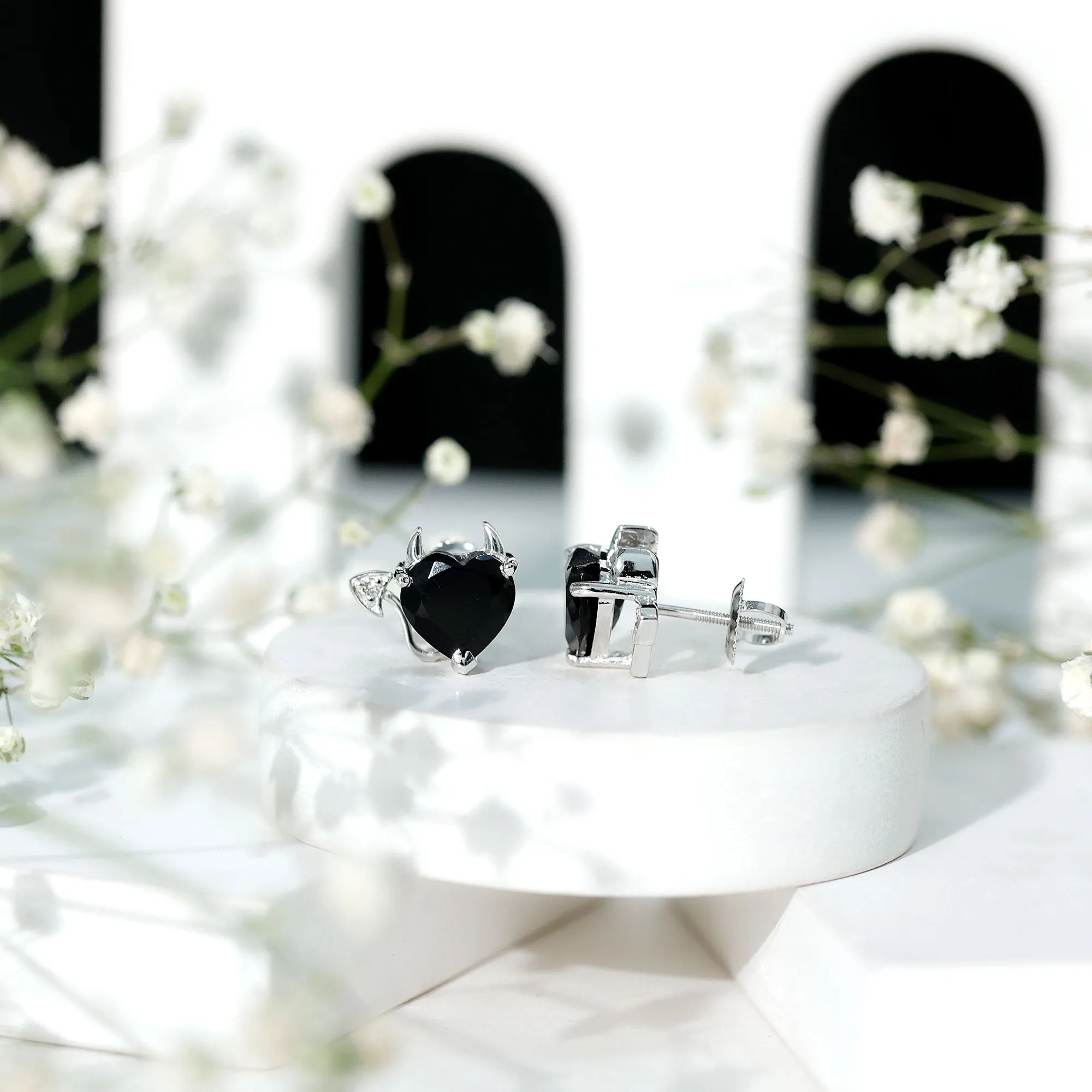 Heart Shape Lab Grown Black Diamond Gothic Stud Earrings with Diamond