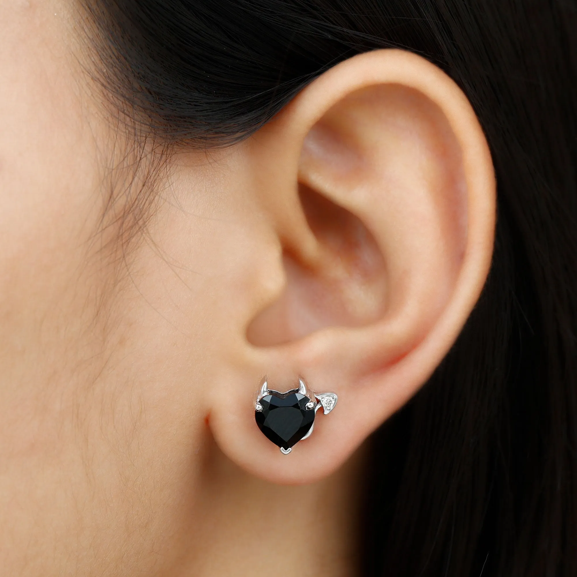 Heart Shape Lab Grown Black Diamond Gothic Stud Earrings with Diamond