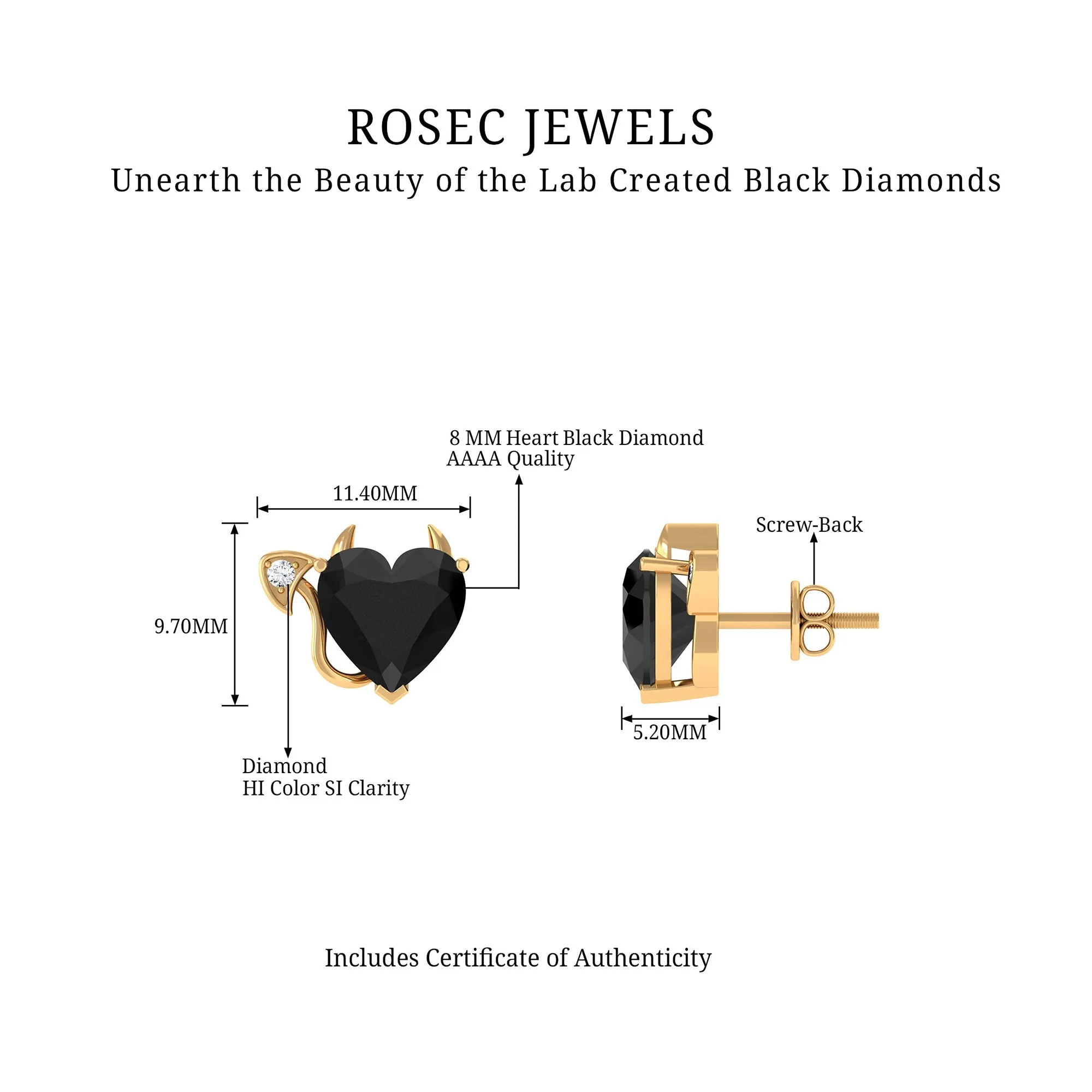 Heart Shape Lab Grown Black Diamond Gothic Stud Earrings with Diamond