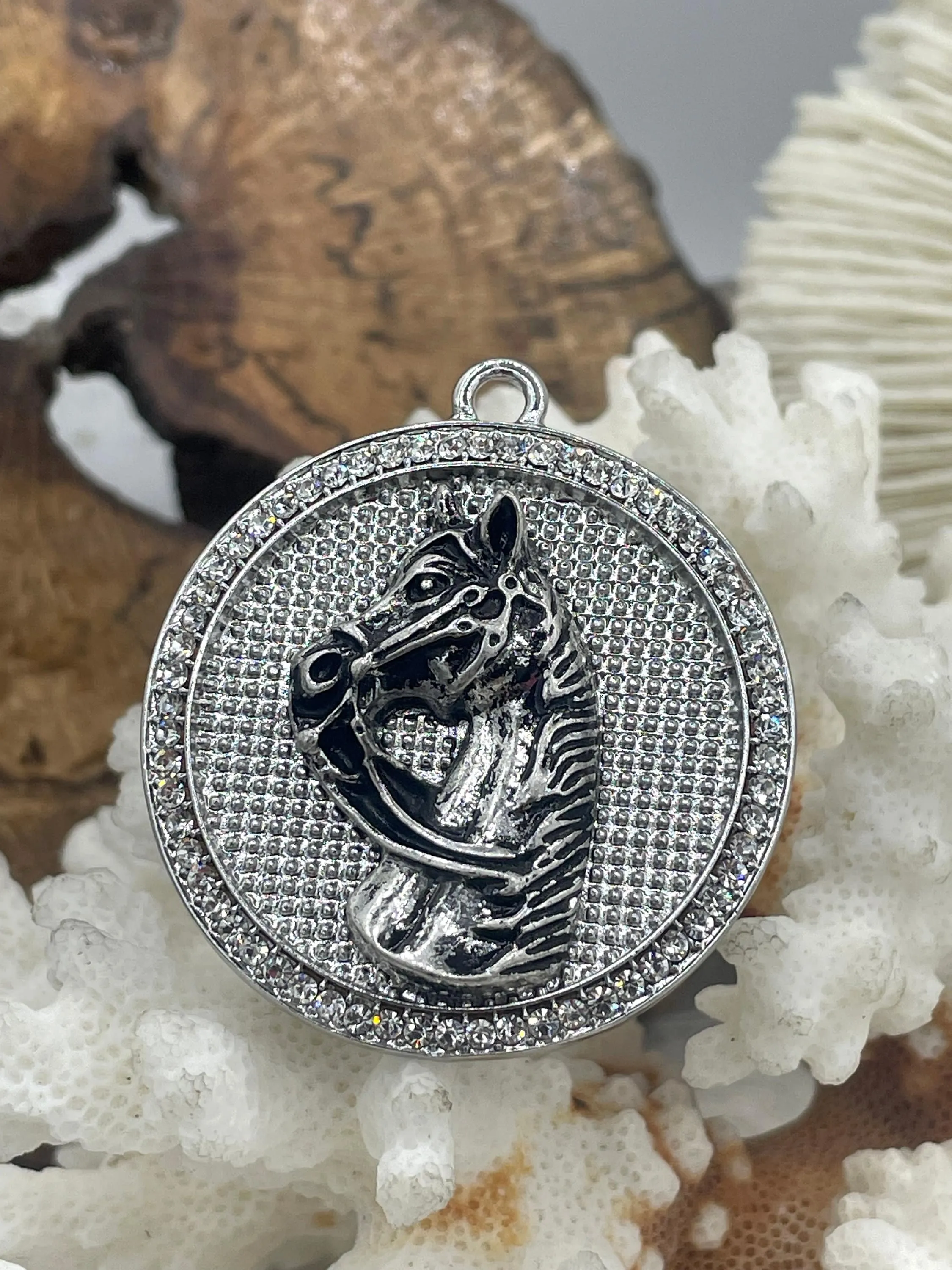 Horse Pendant with CZ, Round Horse Charm, Equestrian Charm, Horse Pendant, Equestrian Pendant, Zinc Alloy & Cubic Zirconia, Fast Ship