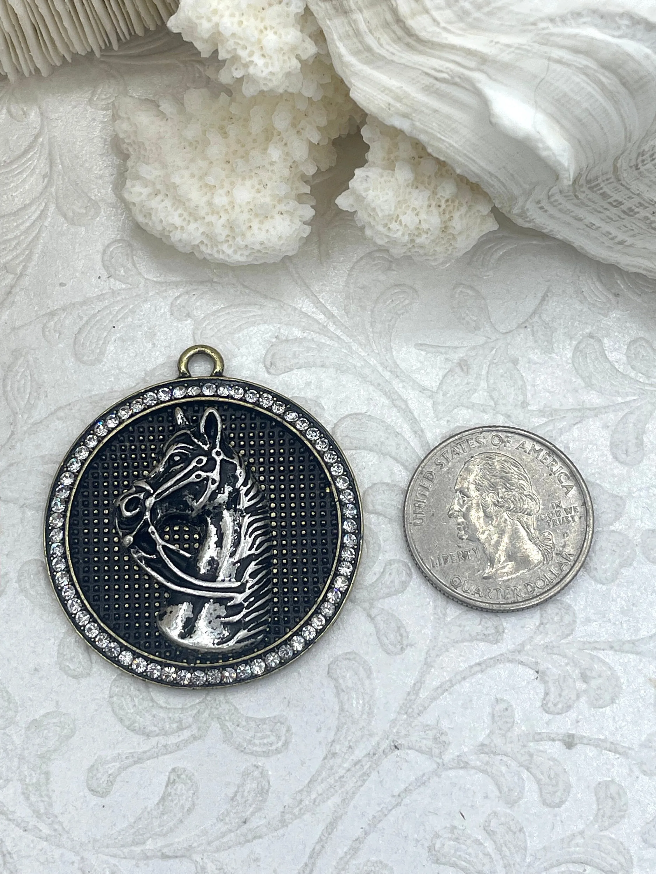 Horse Pendant with CZ, Round Horse Charm, Equestrian Charm, Horse Pendant, Equestrian Pendant, Zinc Alloy & Cubic Zirconia, Fast Ship