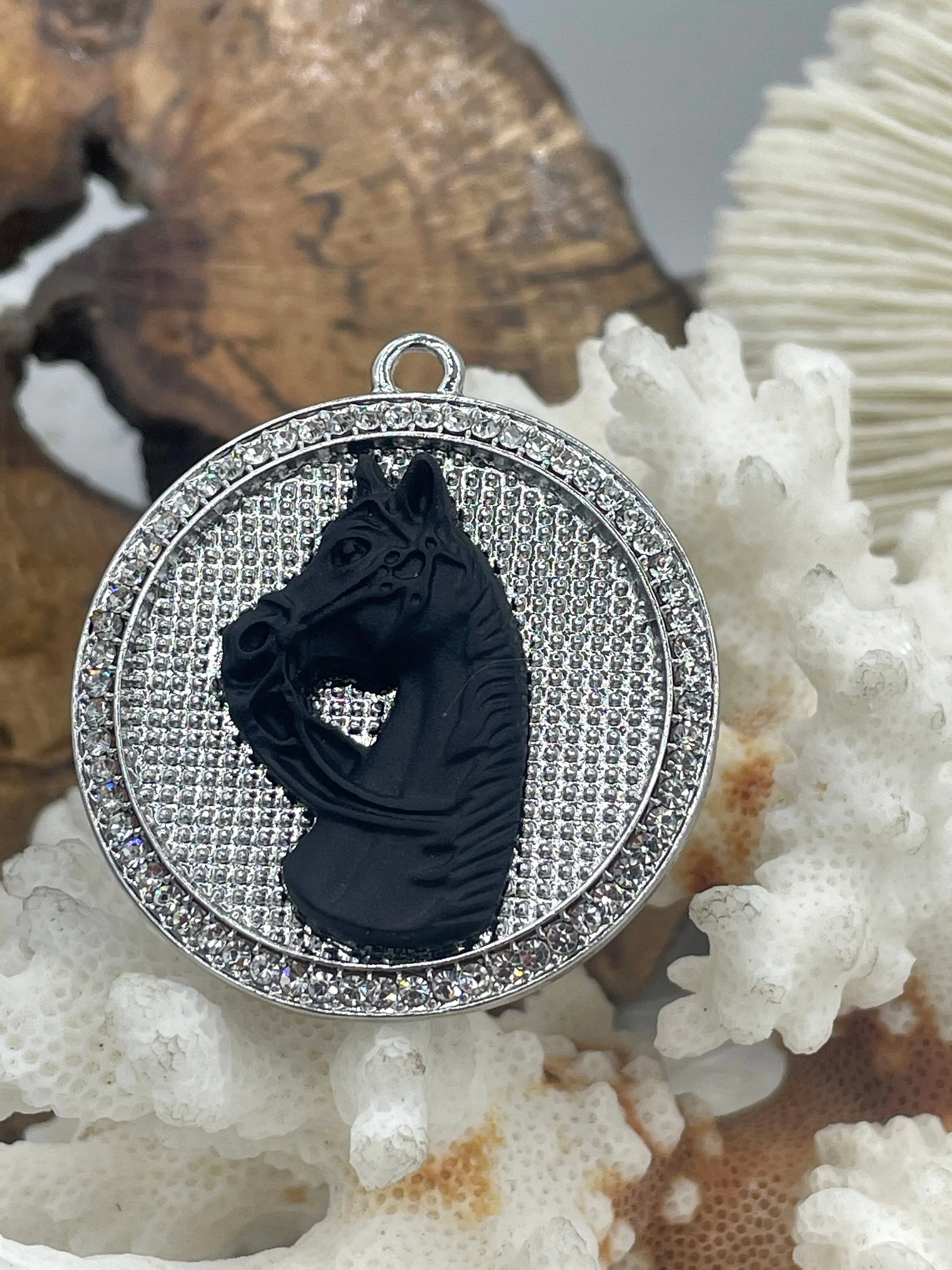 Horse Pendant with CZ, Round Horse Charm, Equestrian Charm, Horse Pendant, Equestrian Pendant, Zinc Alloy & Cubic Zirconia, Fast Ship
