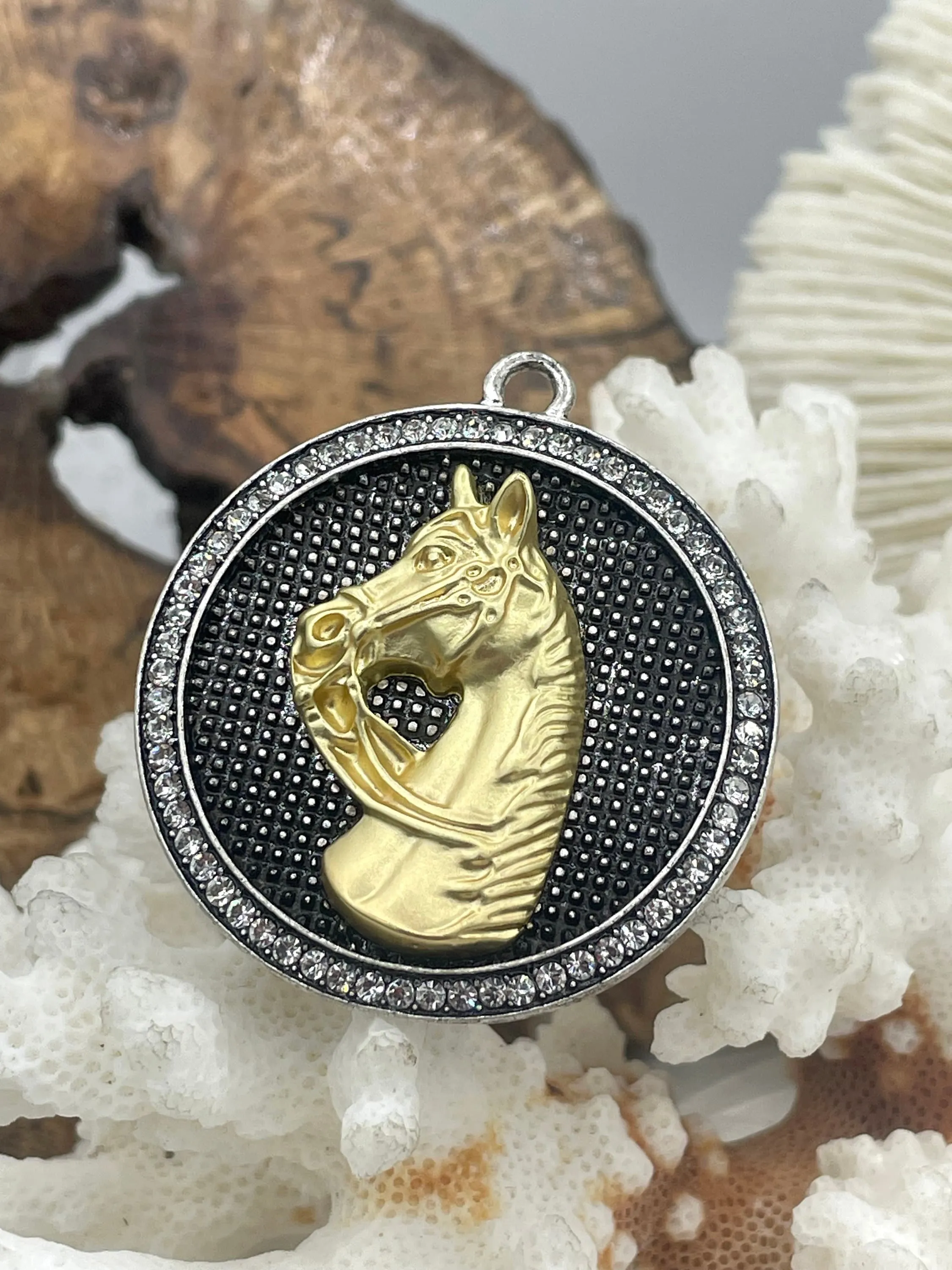 Horse Pendant with CZ, Round Horse Charm, Equestrian Charm, Horse Pendant, Equestrian Pendant, Zinc Alloy & Cubic Zirconia, Fast Ship