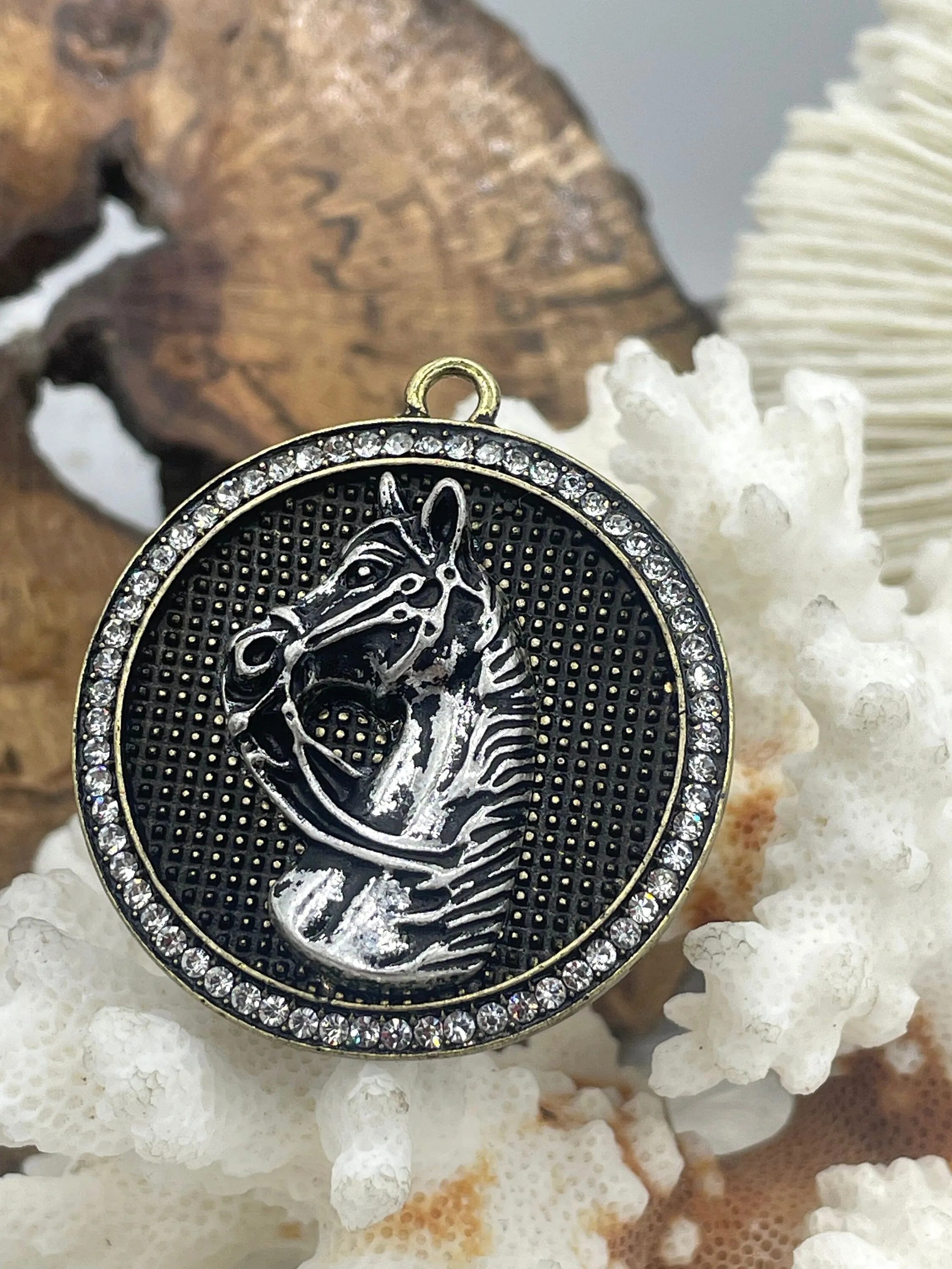 Horse Pendant with CZ, Round Horse Charm, Equestrian Charm, Horse Pendant, Equestrian Pendant, Zinc Alloy & Cubic Zirconia, Fast Ship