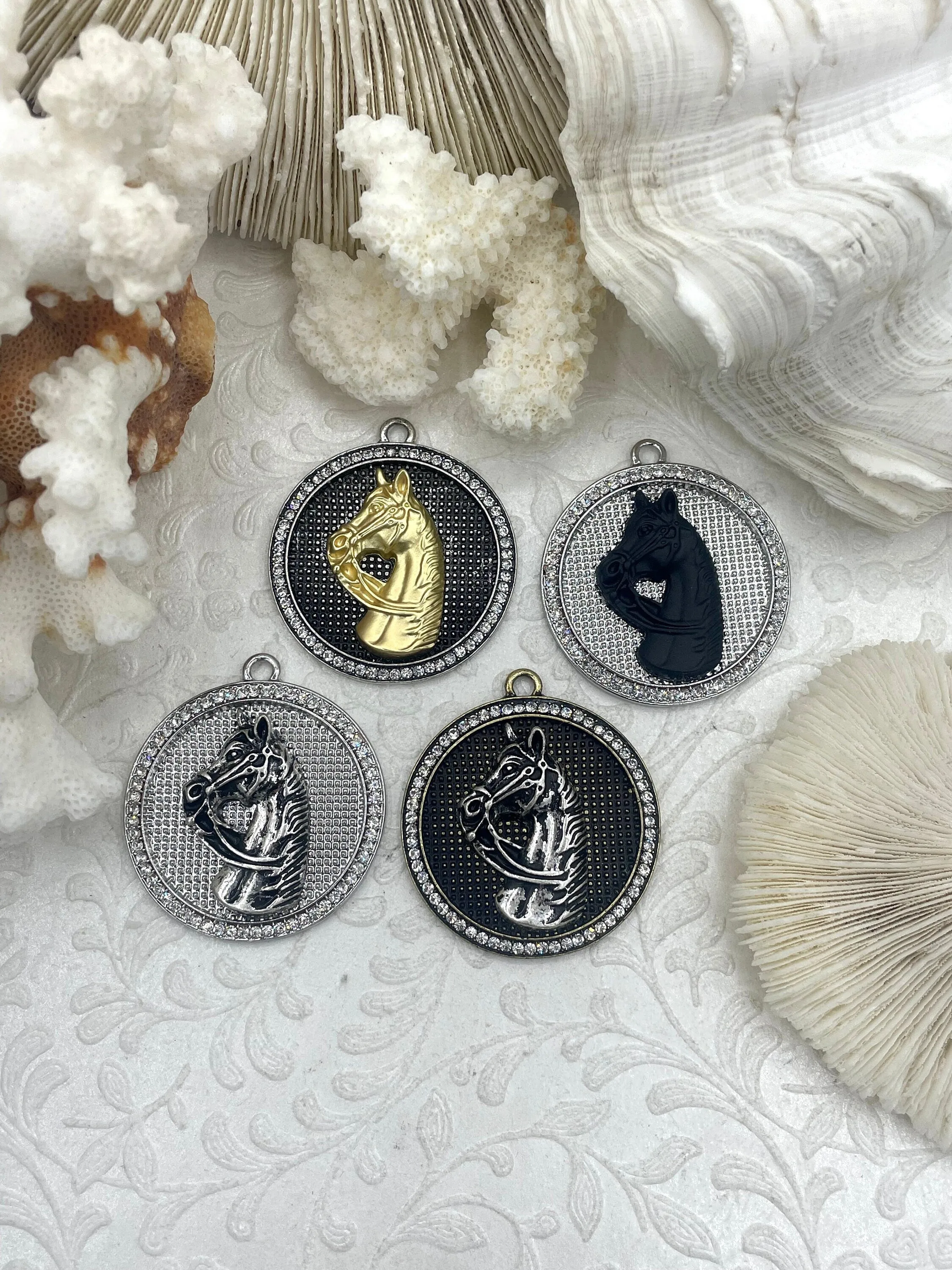 Horse Pendant with CZ, Round Horse Charm, Equestrian Charm, Horse Pendant, Equestrian Pendant, Zinc Alloy & Cubic Zirconia, Fast Ship
