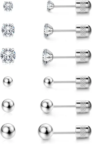 Jstyle Threadless Flat Back Earrings,Hypoallergenic Surgical Steel Earrings for Sensitive Ears, Cubic Zirconia Silver Stud Earrings Set for Cartilage
