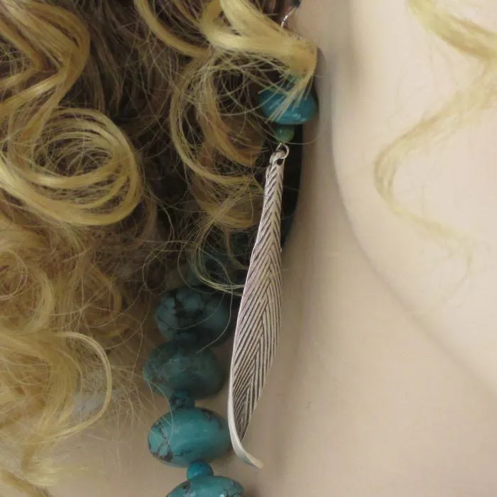 Long Bold Turquoise & Silver Leaf Drop Earrings