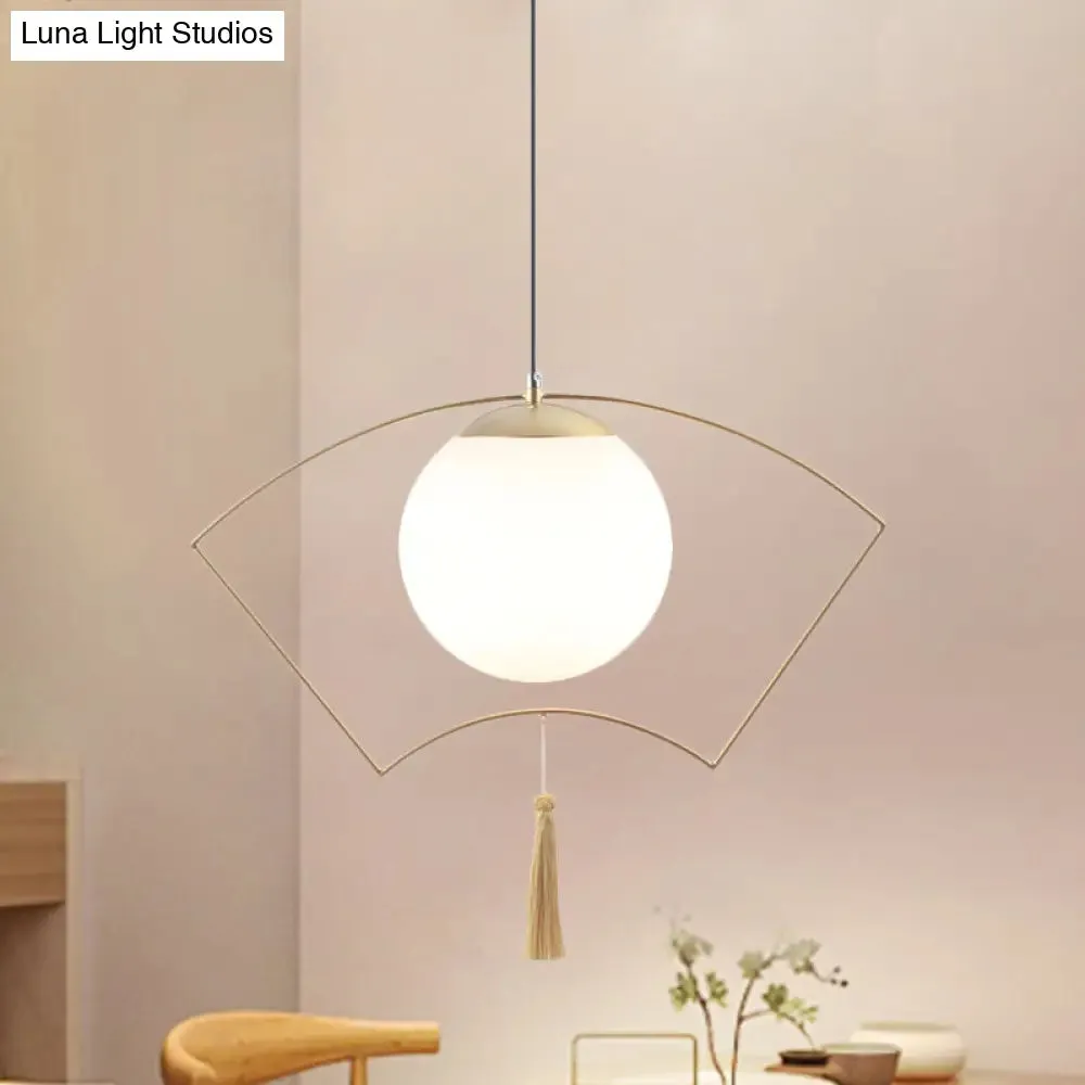 Modernist Milk Glass Globe Pendant Light with Gold Metal Frame - Bedroom Ceiling Hanging Fixture