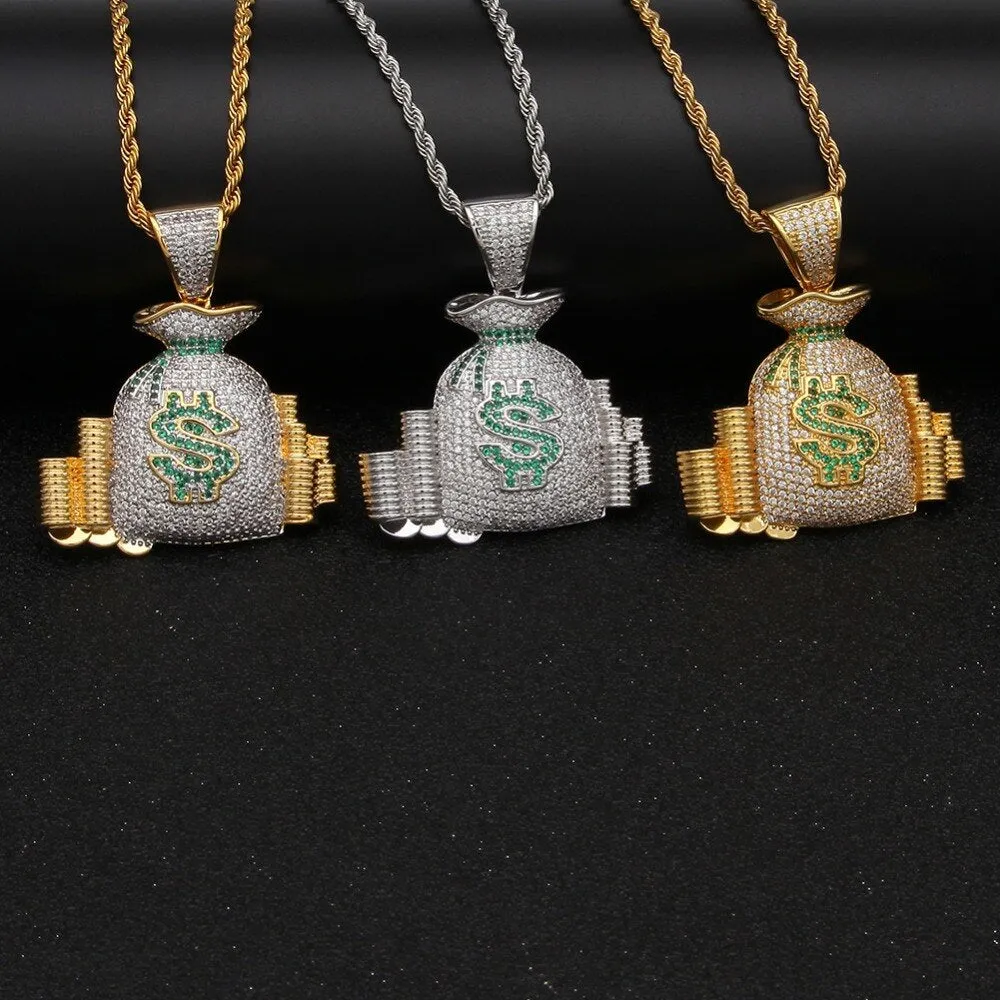 Money Bag &Coin Stack Pendant Necklace With Colorful Bling Stones Luxury charm Jewelry