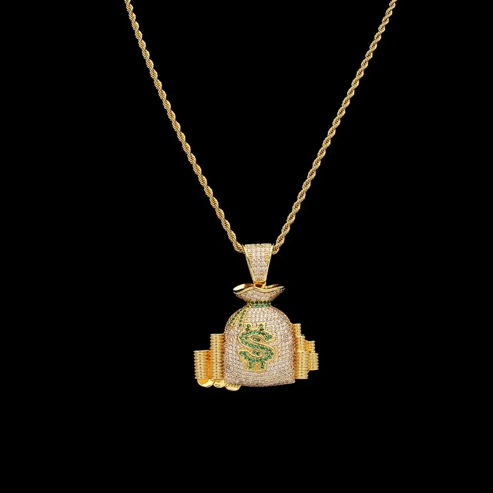 Money Bag &Coin Stack Pendant Necklace With Colorful Bling Stones Luxury charm Jewelry