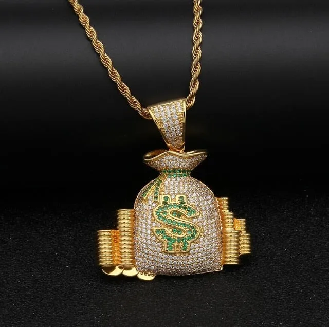 Money Bag &Coin Stack Pendant Necklace With Colorful Bling Stones Luxury charm Jewelry