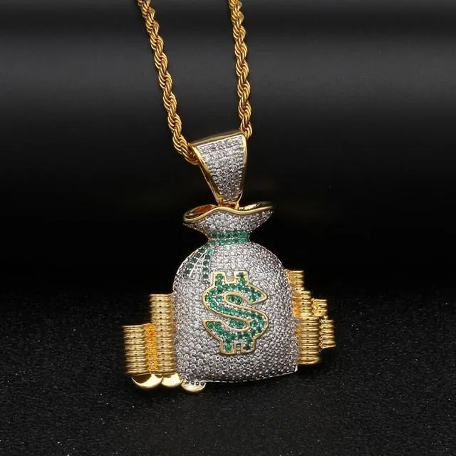 Money Bag &Coin Stack Pendant Necklace With Colorful Bling Stones Luxury charm Jewelry