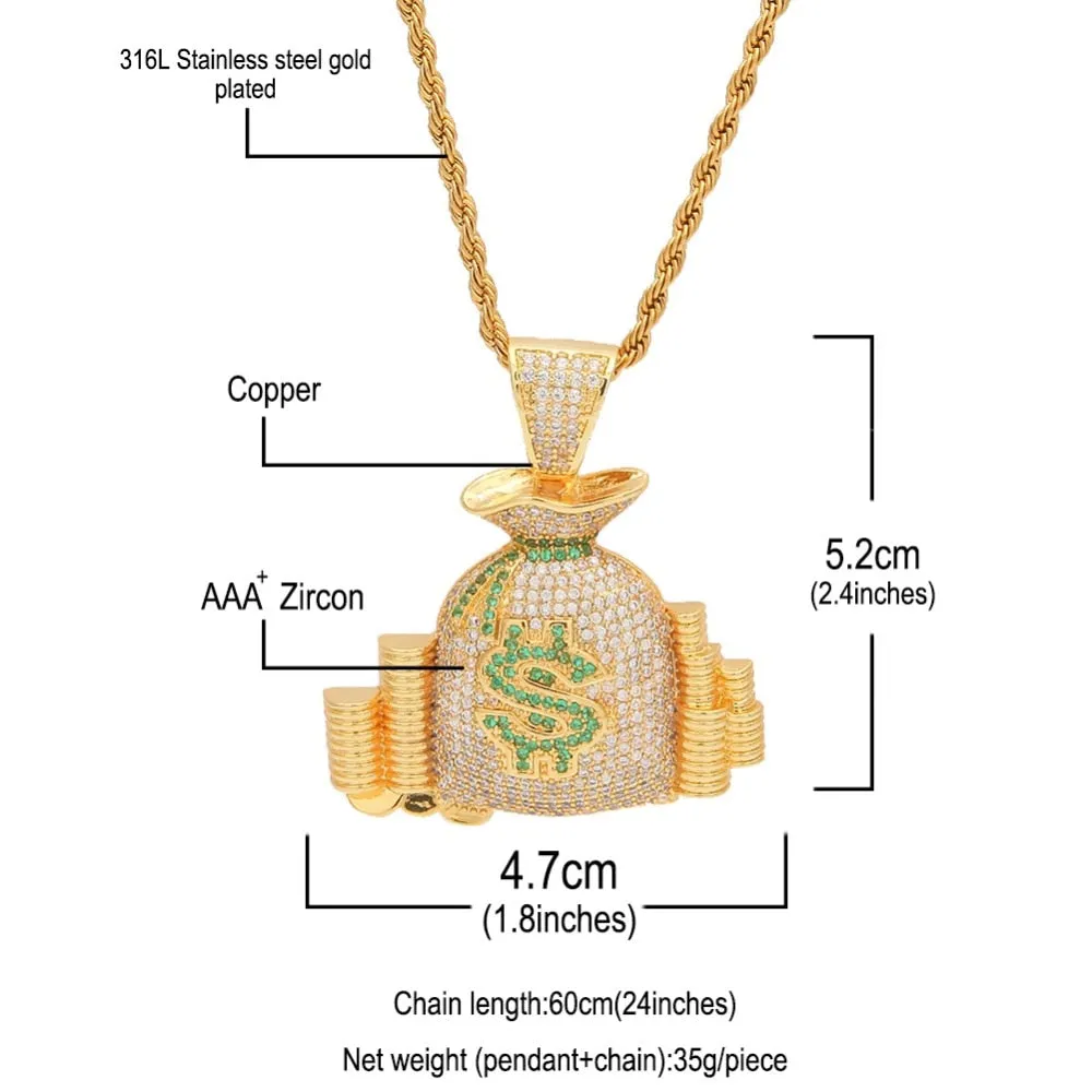 Money Bag &Coin Stack Pendant Necklace With Colorful Bling Stones Luxury charm Jewelry