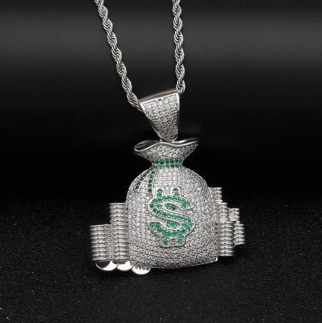 Money Bag &Coin Stack Pendant Necklace With Colorful Bling Stones Luxury charm Jewelry