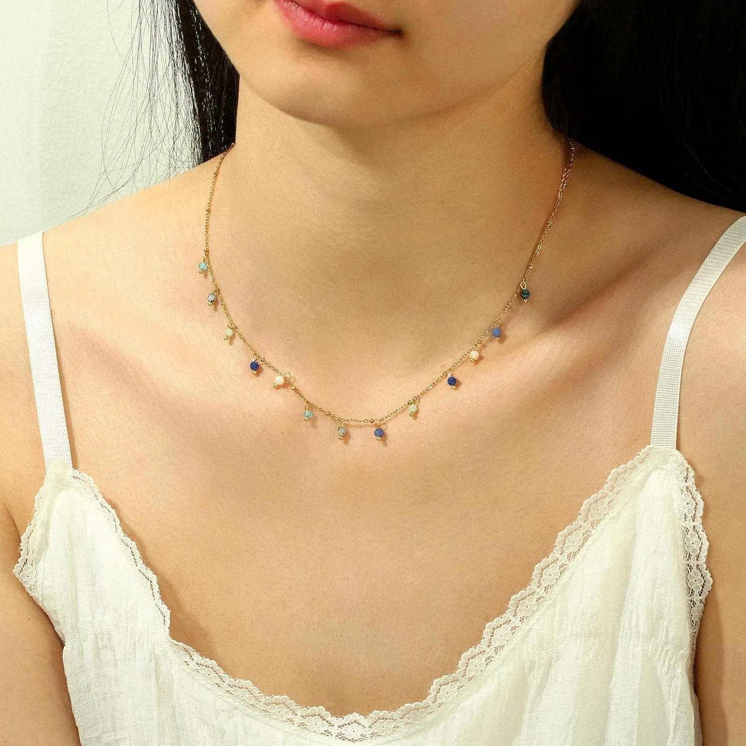 Natural Stone Necklaces for Women 14K Gold Plated waterproof Dainty Colorful Beaded Charm Choker Delicate Cute Summer Boho Beach Necklaces Jewelry Gift Sister, best friend, Birthday