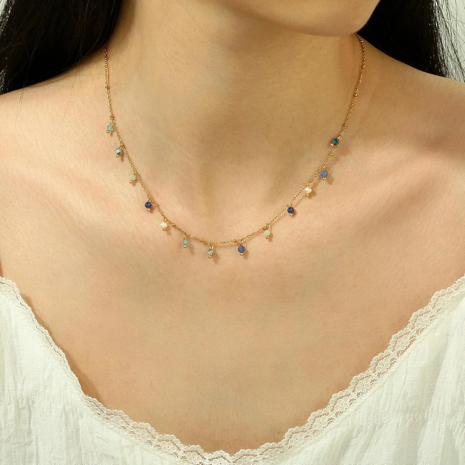 Natural Stone Necklaces for Women 14K Gold Plated waterproof Dainty Colorful Beaded Charm Choker Delicate Cute Summer Boho Beach Necklaces Jewelry Gift Sister, best friend, Birthday