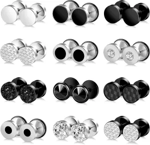 ONESING 12 Pairs Faux Gauge Earrings: Stainless Steel Stud Earrings for Men - Black & Silver