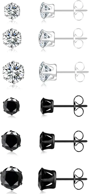 ONESING 6 Pairs Stud Earrings for Men Women, Stainless Steel 3-4-5mm Hypoallergenic Cubic Zirconia Earrings Studs Silver/Black Cartilage Helix Tragus Earring Set for Multiple Piercing
