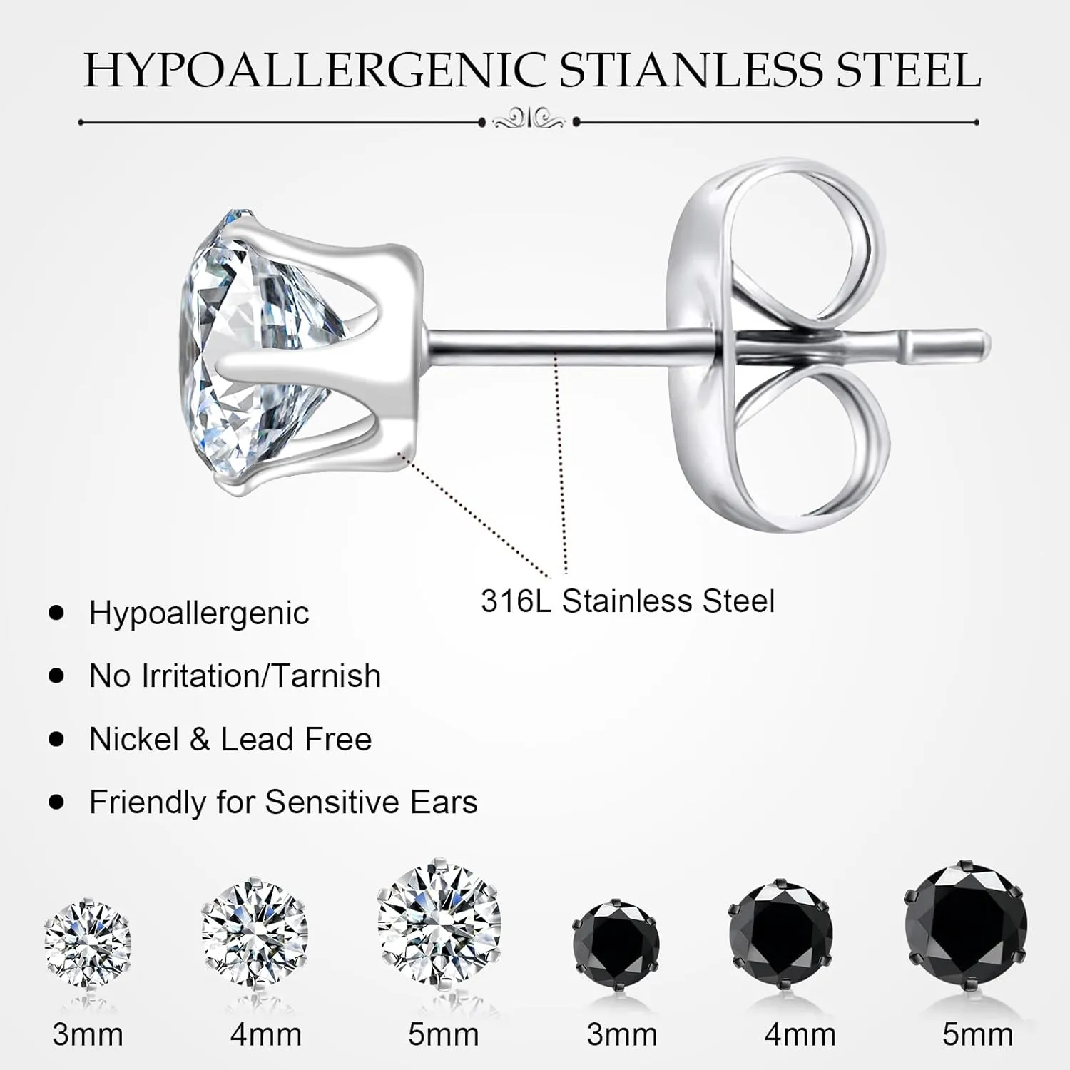 ONESING 6 Pairs Stud Earrings for Men Women, Stainless Steel 3-4-5mm Hypoallergenic Cubic Zirconia Earrings Studs Silver/Black Cartilage Helix Tragus Earring Set for Multiple Piercing