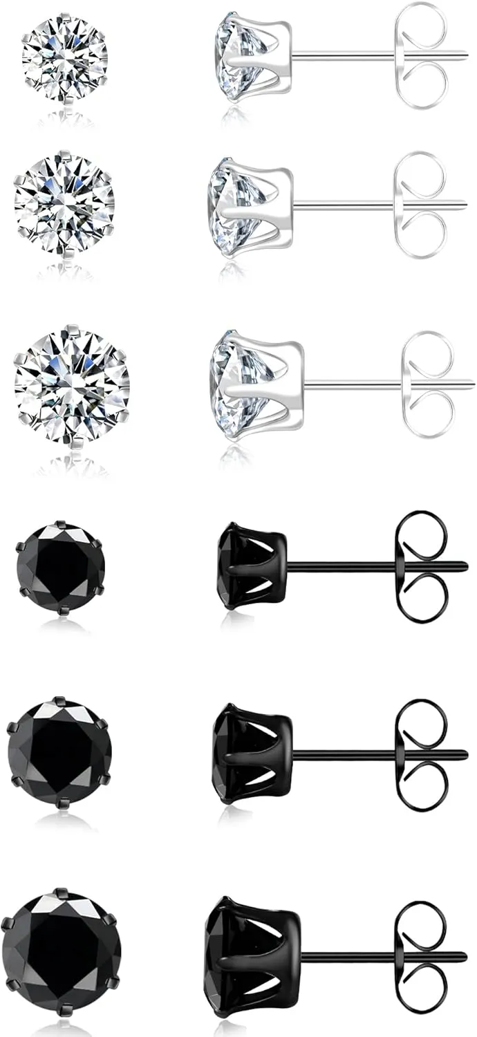 ONESING 6 Pairs Stud Earrings for Men Women, Stainless Steel 3-4-5mm Hypoallergenic Cubic Zirconia Earrings Studs Silver/Black Cartilage Helix Tragus Earring Set for Multiple Piercing