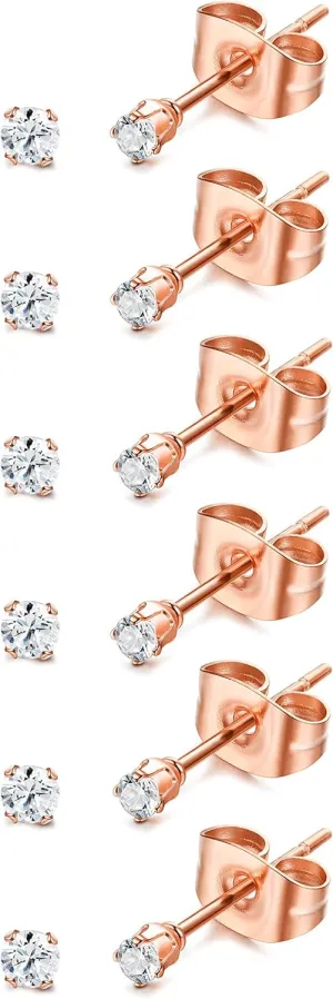 ORAZIO 6 Pairs Tiny 2mm Stainless Steel Stud Earrings For Mens Womens CZ Round Ball Cartilage Earrings Set