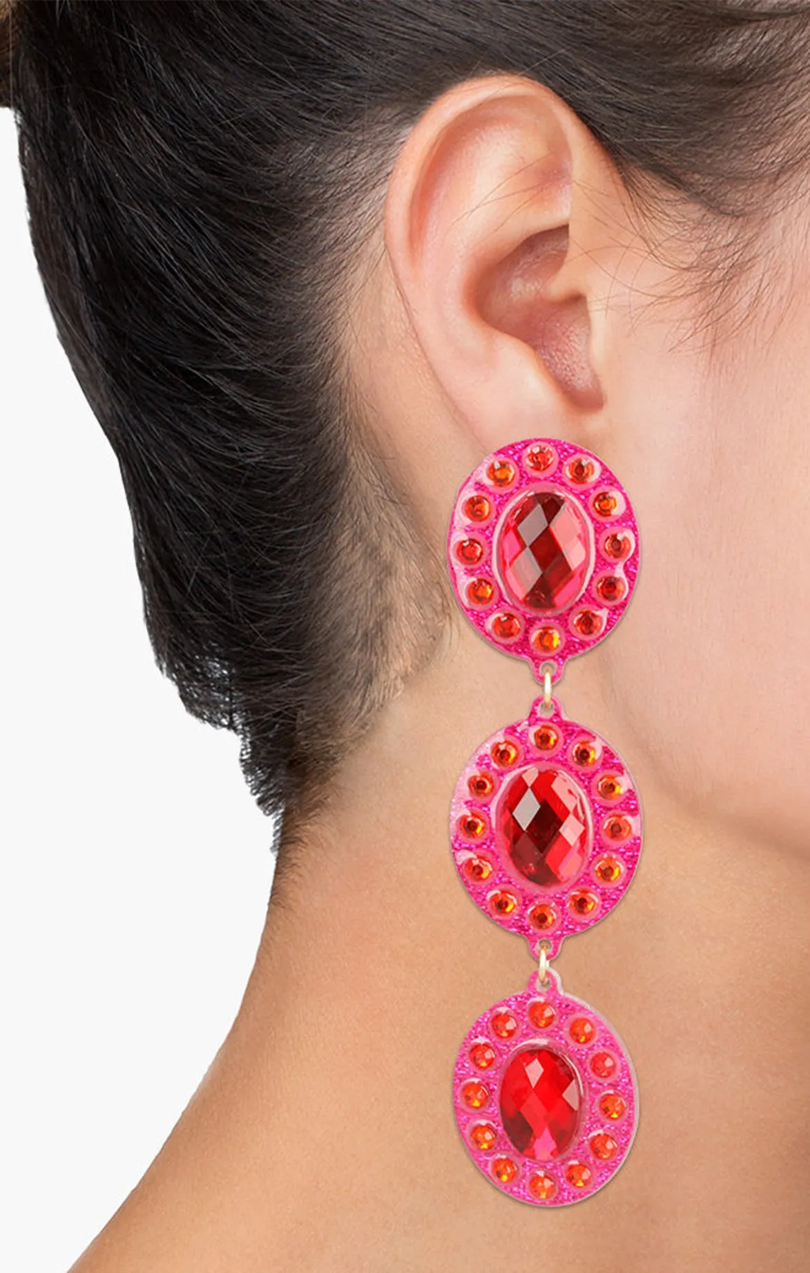 Pink Oval Crystal Drop Earrings