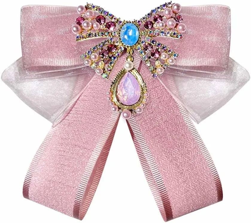 Psivika Womens Bow Tie Brooch Ribbon Bowknot Brooch Pins Crystal Pre Tied BowTie Collar Neck Bow Brooch Pins
