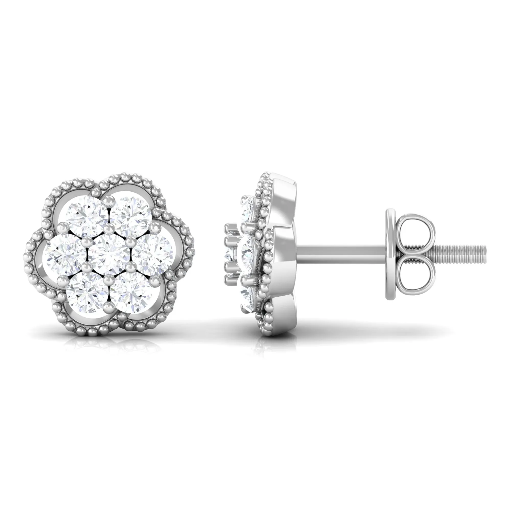 Real Diamond Flower Stud Earrings with Beaded