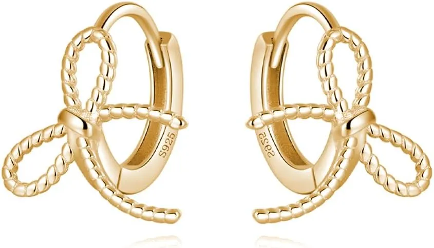 Reffeer Solid 925 Sterling Silver Bow Hoop Earrings Ribbon for Women Teens Bowknot Hoop Earrings Huggie Cartilage Helix Earrings