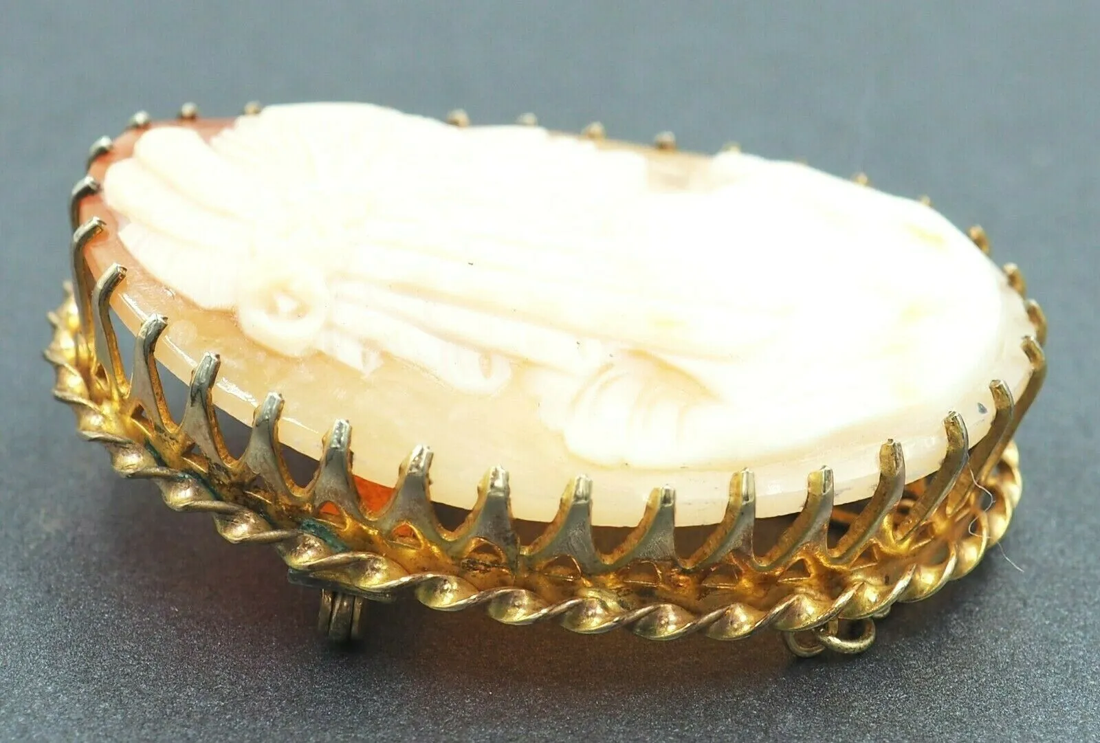 Shell Cameo Gold Plated & Claw Set Brooch with Safety Chain & Pin