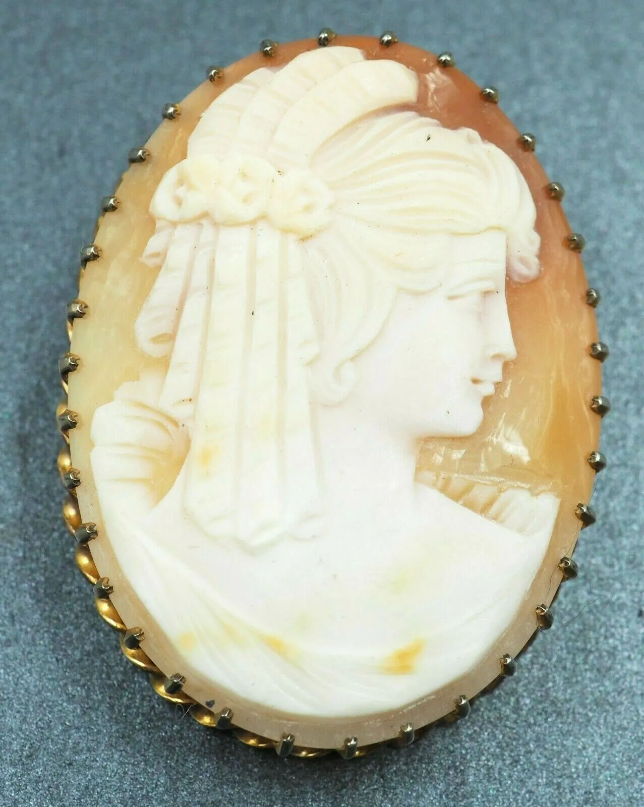 Shell Cameo Gold Plated & Claw Set Brooch with Safety Chain & Pin